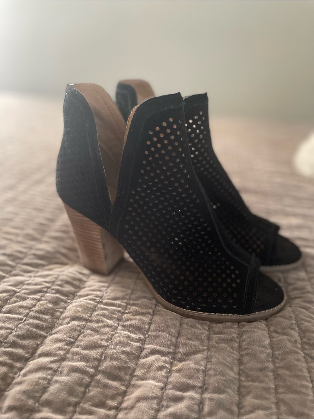 Lucky Brand Black Perforated Suede Peep-Toe Block Heel Booties 8.5